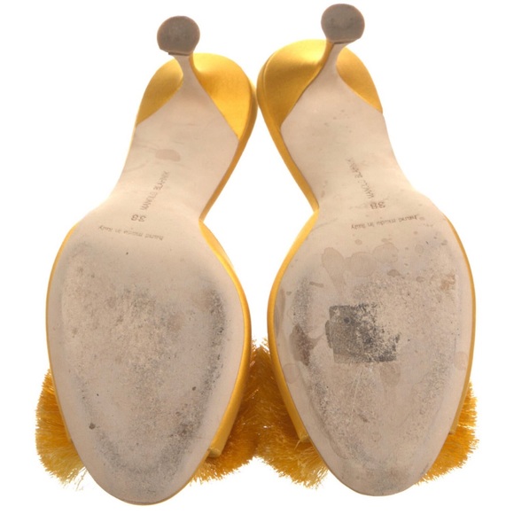 MANOLO BLAHNIK RAILDA FRINGE BOW PEEP-TOE MULES Yellow Gold 38 NEVER WORN - Picture 4 of 8